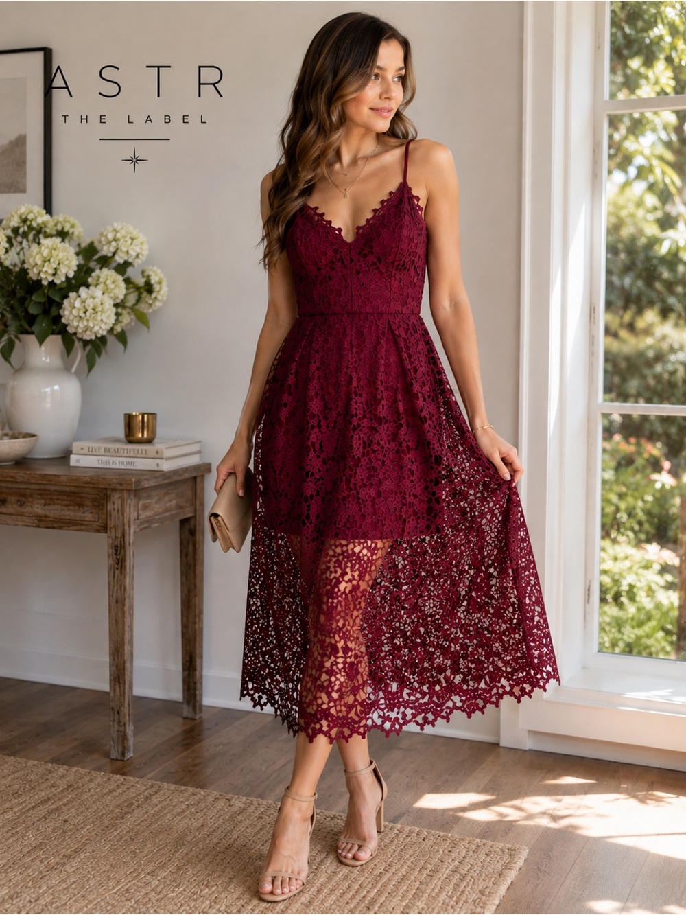ASTR the Label Lace A-Line Midi Dress Size Small Burgundy
